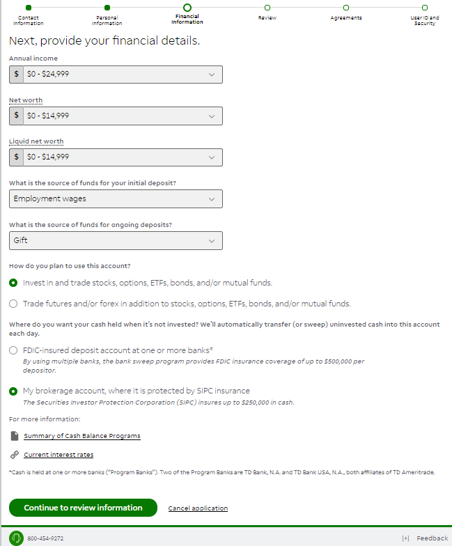 Cadastro TD Ameritrade – Tela com dados financeiros