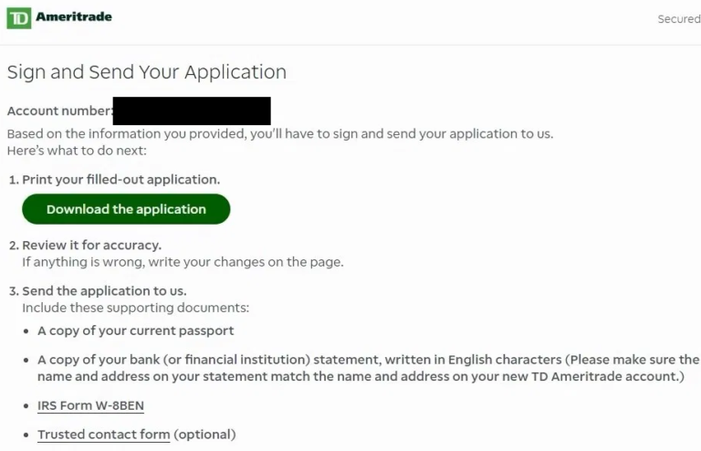 Tela final de cadastro da conta TD Ameritrade